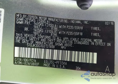 2016 Toyota Sienna Le 7 Passenger z USA, uszkodzony, nr VIN 5TDJK3DCXGS131898